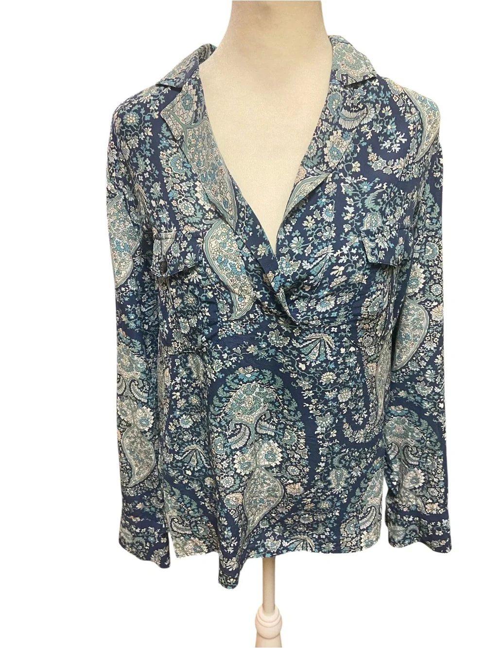 J. Crew Women’s Washable 100% Silk Popover Blouse Oversized Paisley Blue Size M